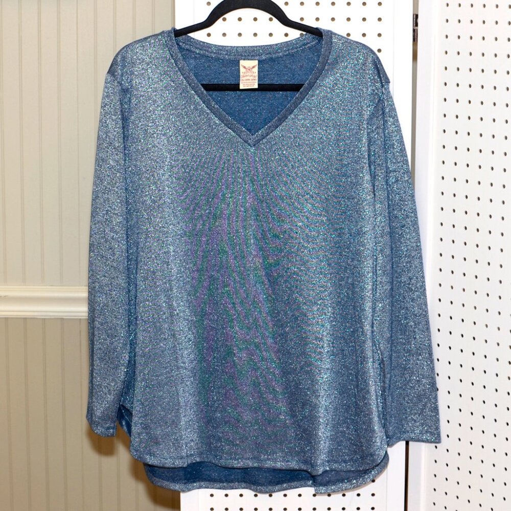 Plus Size 2X (18/20) Faded Glory Sparkle Iridescent Azure Blue Long Sleeve Top